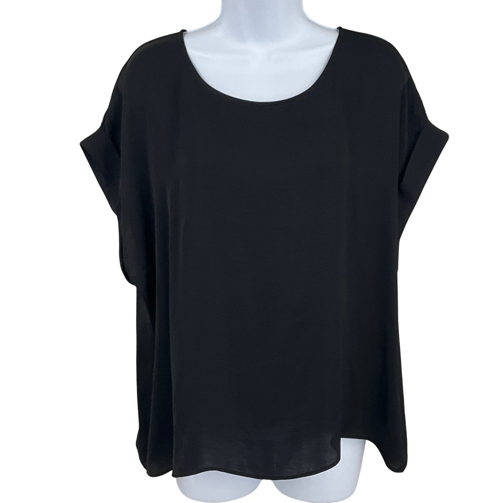 Nine West Blouse Women XL Black Cuffed Sleeve Scoop Neck Minimalist Office‎